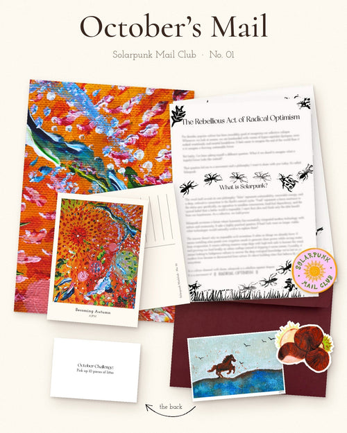 Everything in October's mail laid out: postcard, letter, challenge card, horse chestnut sticker and envelope